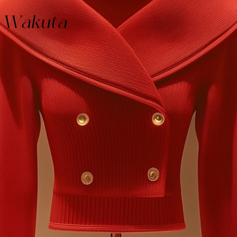 WAKUTA Осенние элегантные вязаные свитера с длинными рукавами и лацканами Design Sense
