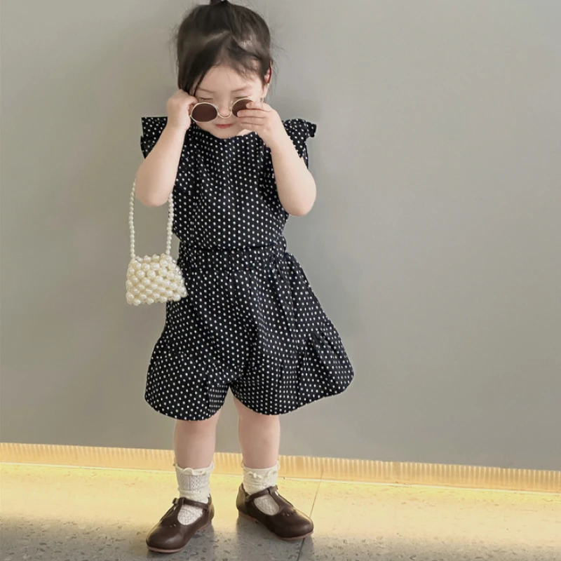 

Summer Girls Polka Dot Flying Sleeve Top Shorts Pants Set Kids Clothes