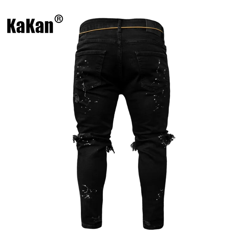 Kakan - European and American New Tight Feet Painted Perforated Jeans for Men, Light Blue Black Wash Jeans K40-1973