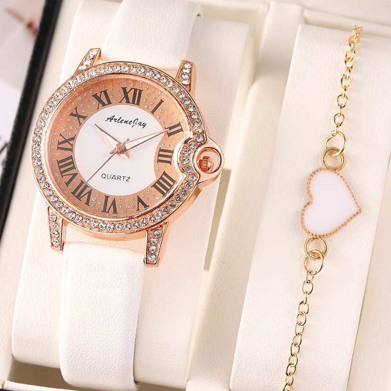 

Ladies Quartz Watch Luxury Diamond Roman Numeral Scale Leather WristWatch Bracelet Set