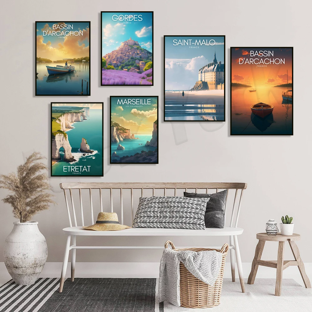 Постер для путешествий из Прованса, Франции, озера Женевы, раковины кахонэ, пляжа лаканау, озера Анси, Постер в стиле Сен-мало, марсельский канал