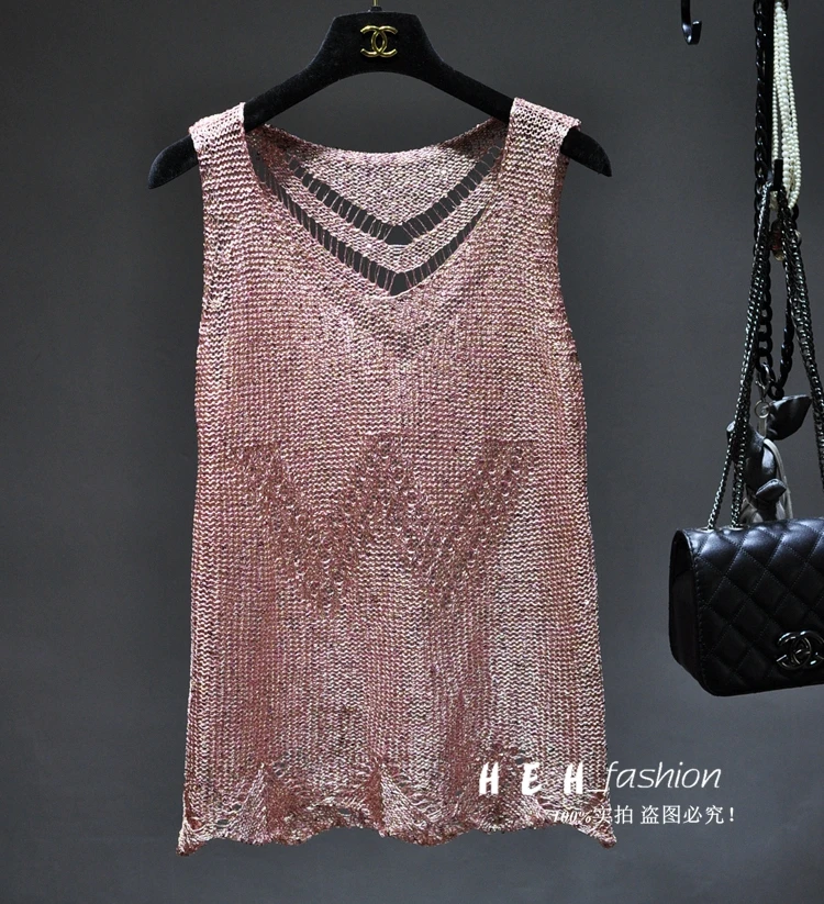 

Summer sequins sexy hollow out halter belt vest bright silk gold thread sleeveless v-neck bottom sweater knit slim top
