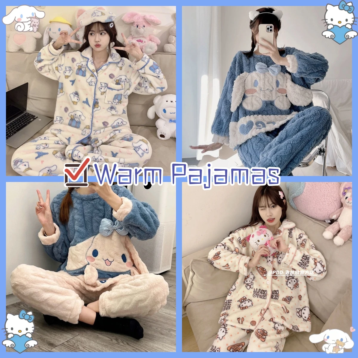 

Hello Kitty Cinnamoroll Anime Autumn Winter Thickened Plush Girls Home Clothes Kawaii Coral Fleece Warm Pajamas Cute Loose Suit