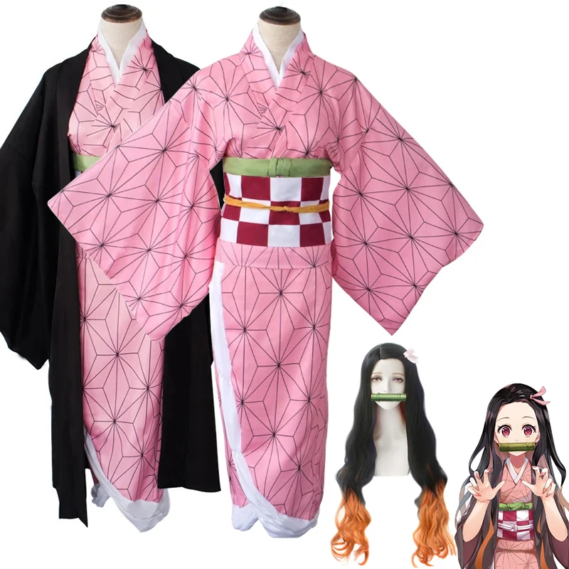 Anime Demon Slayer Kimetsu No Yaiba Cosplay Costume Wig Kamado Nezuko Kimono Costume Uniform Halloween Party Costumes for Women