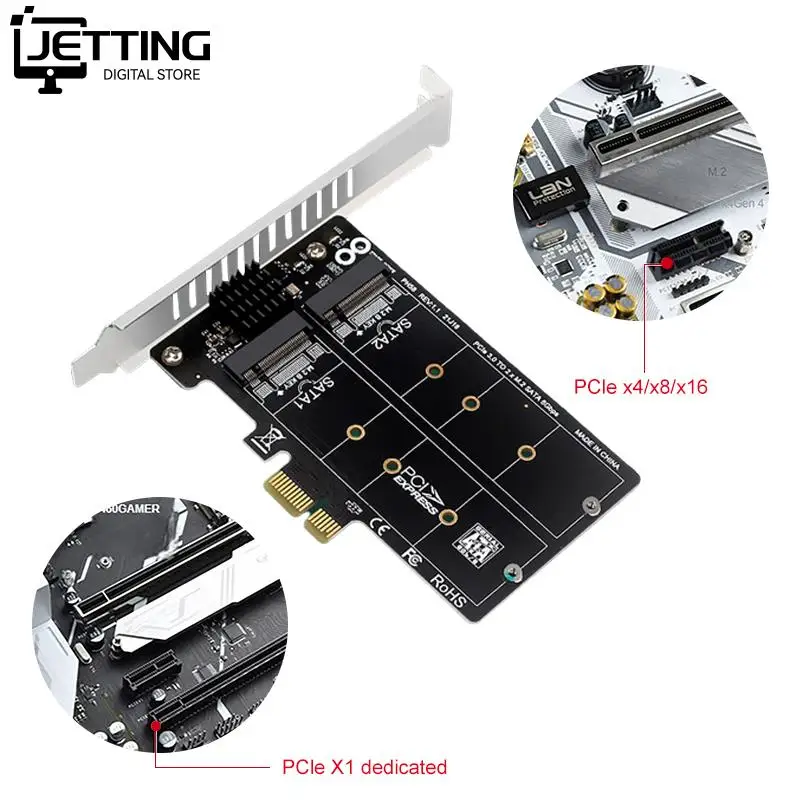 

PH58 2 X M2 SATA To PCIE Adapter Card Double Disc Display Card RAID Splitter Expansion Card Pcie X1 To NGFF M2 SATA SSD JMB582