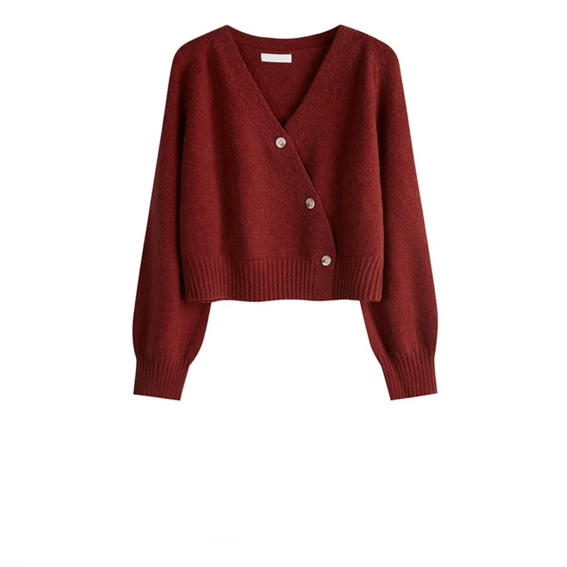 

Short Knitted Women Sweater Cardigan Winter Solid Long-Sleeved Asymmetrical V-Neck Female Outwear Coats Tops