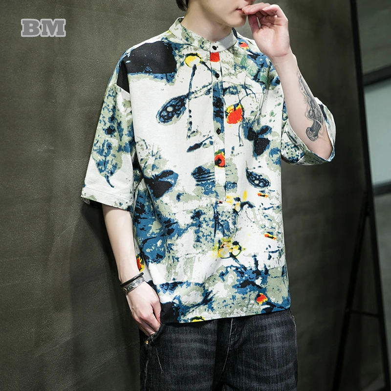 

2022 Chinese Style Summer Plus Size Linen T-Shirts Flower Short Sleeve Men Clothing Hawaii Tops Tai Chi Kung Fu Tang Suit