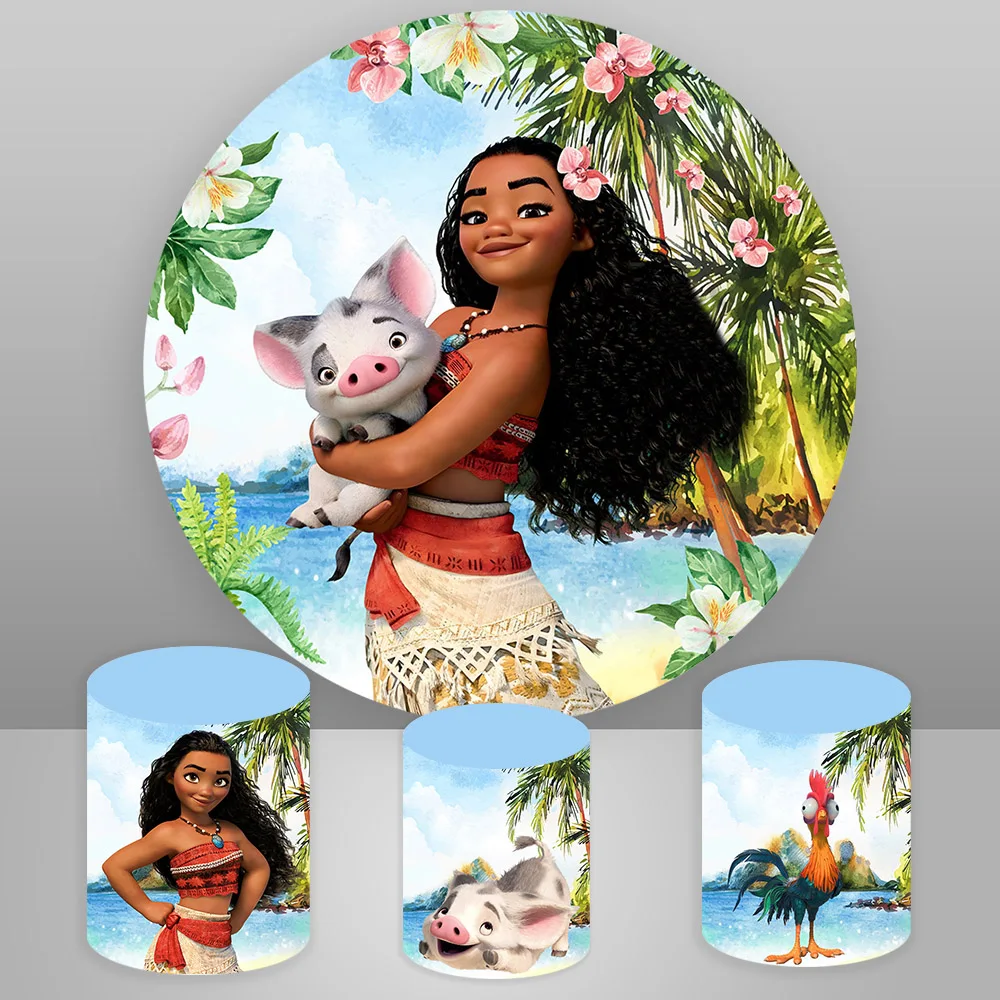 

Disney Moana Round Cover Backdrop Girls Birthday Party Photo Background Circle Cylinder Cover Decorations Photo Booth Prop