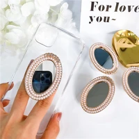 ins pearl mirror phone holder vintage diamond encrusted foldable telescopic phone grip for iphone samsung phone accessories