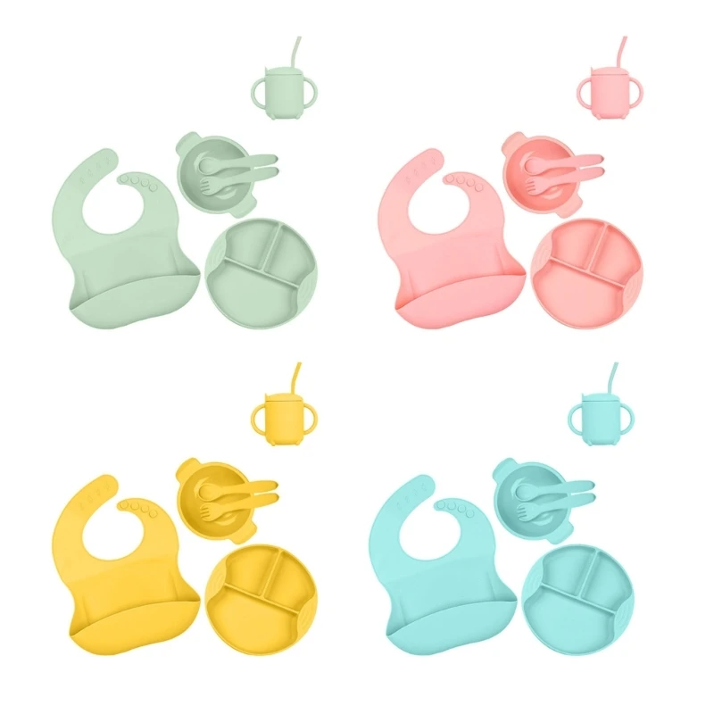 

6 Pcs Baby Feeding Set for Toddlers and Kids Self Feeding Tableware Suction Divided Plate Suction Bowls Adjustable Bib