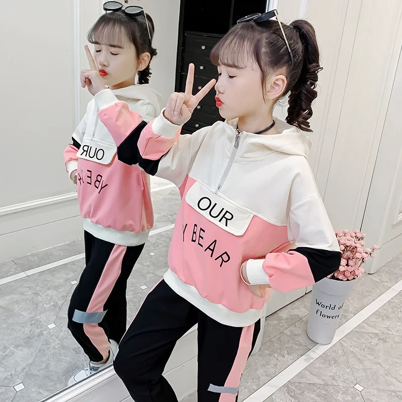 

Spring Girls' Suit Autumn Clothing Middle and Big Children's Korean-Style Long-Sleeved Hooded Sweater Casual Pants Sportswear T