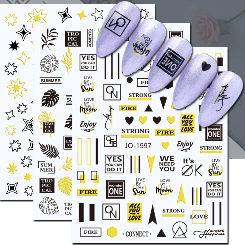 

Nail Art Decals 3D Gold Black Palms Leafs Stars Geometric Lines Letters Back Glue Nail Stickers Decoration For Nail Tips Beauty