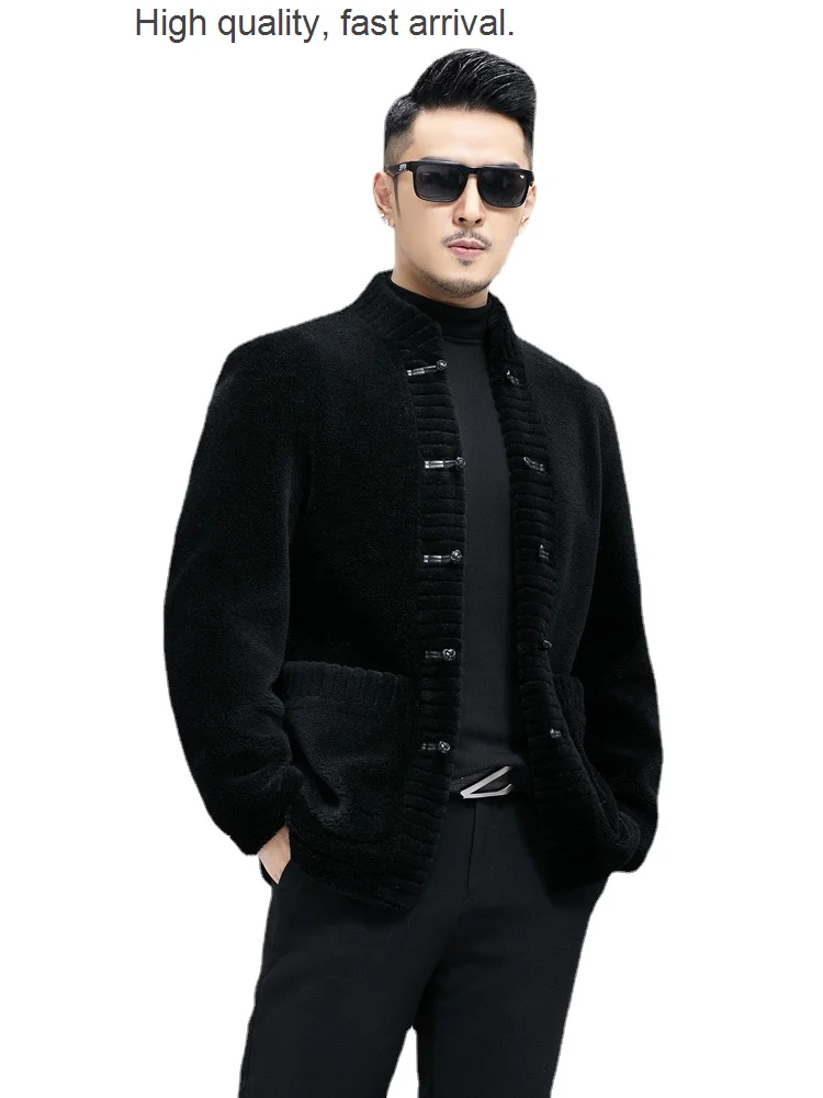 

Cashmere Men's Winter Slim Fit Lamb Fur Stand Collar Short Fur Integrated Chinese Coat