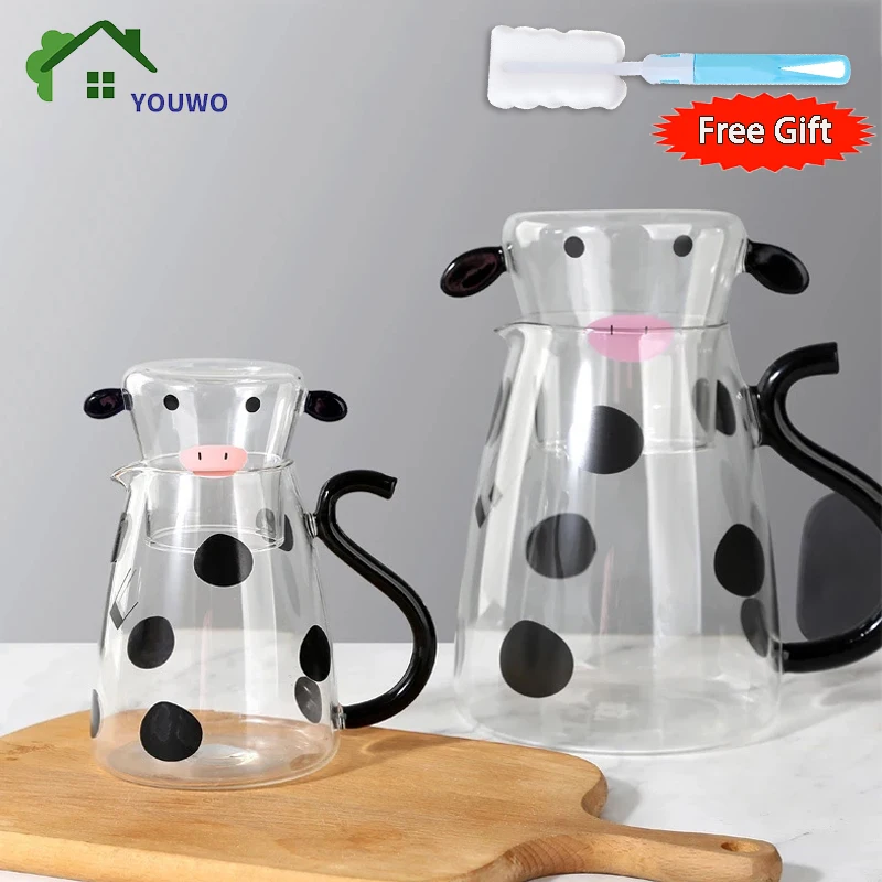 

550/1800ml Borosilicate Glass Cow Cold Kettle Set Transparent Water Carafe With Cup Cartoon Coffee Teapot Milk Jug Juice Pitcher