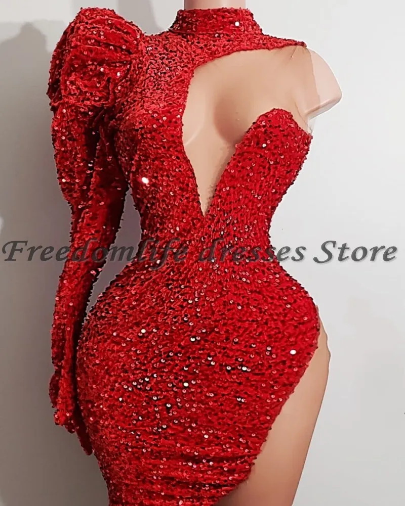 

Sexy Red Mini Prom Dresses 2022 Sequin One Shoulder High Coller Cocktail Gowns For Women Short Homecoming Dress Long Sleeve