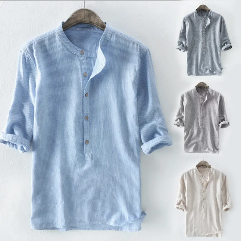 

2022 Spring Summer Cotton Long Sleeve Men Shirt Striped Slim Fit Stand Collar Shirt Male Clothes Plus Size 5XL Camisa Masculina