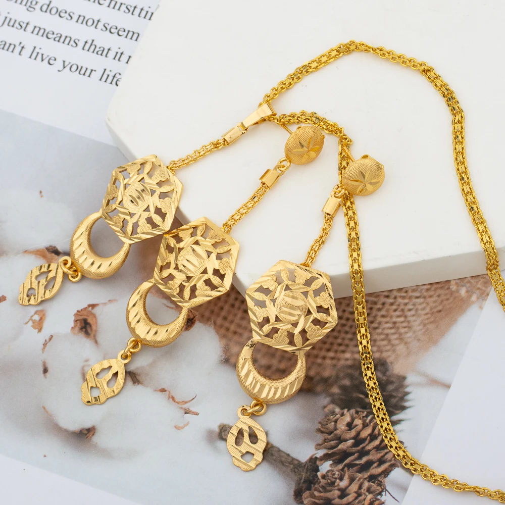 

Ethiopia Gold Plated Jewelry Set Ladies Elegant Dangle Necklace Earrings For Women Nigerian Indian Design jewellery Party Gifts