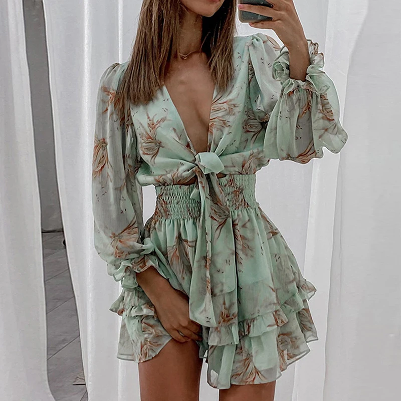 

Women Elegant Commuting V-neck Dress Chiffon Print Dress Tie Knot Ruffles Leopard Dress Female Sexy Short A Line Vestidos 2022