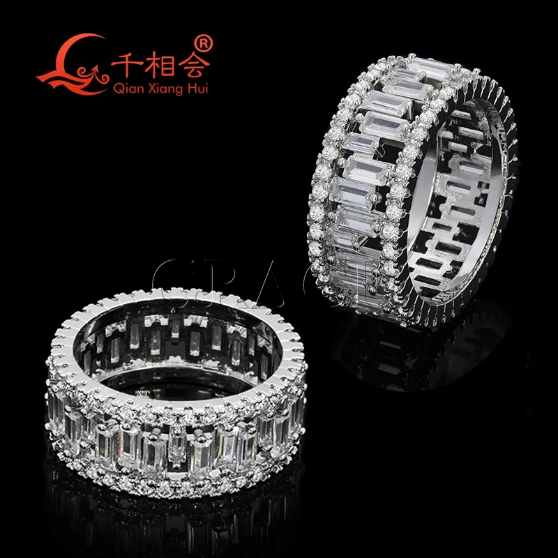 9mm small baguette Hollow out Ring Eternity Band Sterling 925 Silver hip hop Moissanite Ring Men women Diamonds Male Jewelry