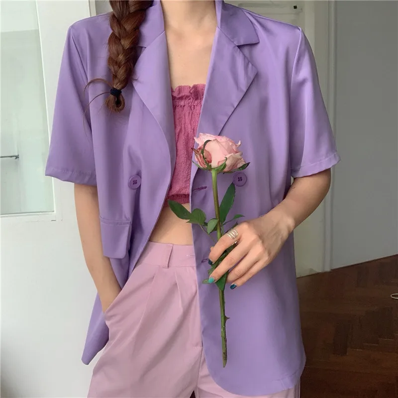 Spring Summer Chic Casual Blazer Women Cute Streetwear Korean Fashion Commute Short Sleeve Blazer Preppy Style Clothes Work Wear