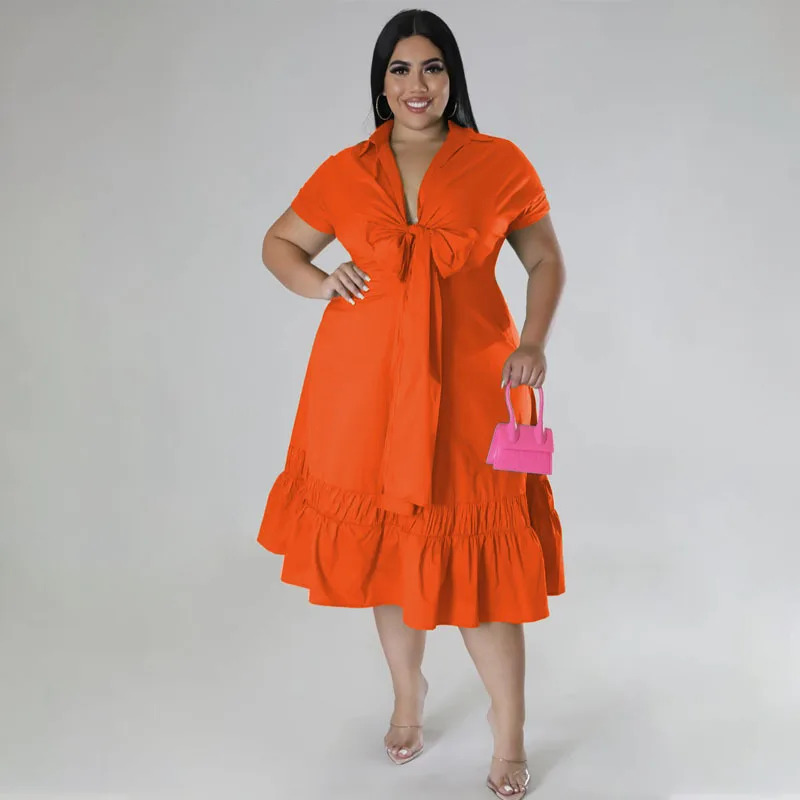 Plus Size Loose Dress Bow V Neck Elegant Women Clothing Chubby Female Luxury Robe 2023 Summer Trendy Party Fluid Wide Dress