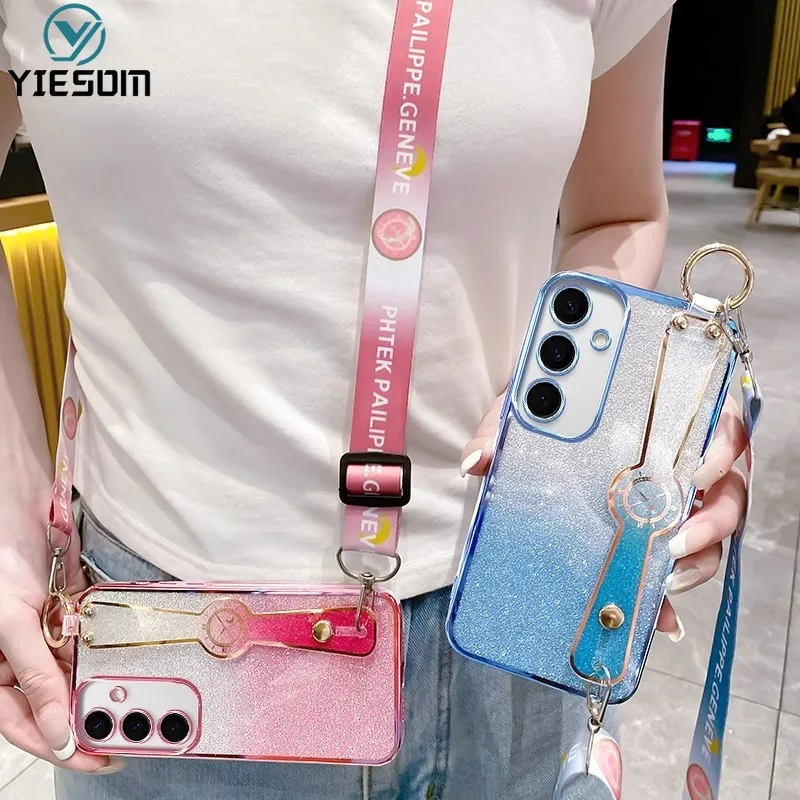 Блестящий чехол с ремешком на запястье для телефона Samsung Galaxy S24 S23 S22 S21 S20 Ultra Plus FE
