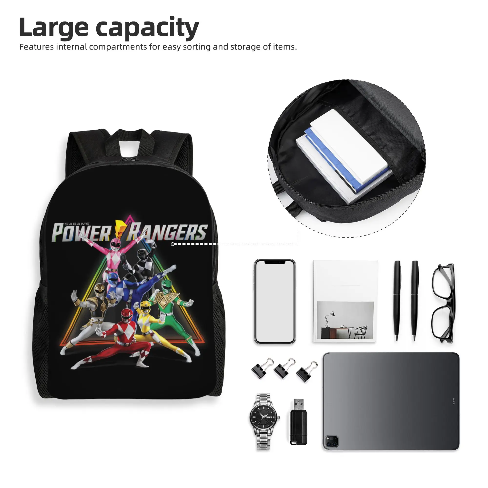 Фото Рюкзаки Bandai Power Rangers Rainbow Pyramid Retro Action Portrait Daypack, прочный офисный рюкзак для работы, на плечо №4