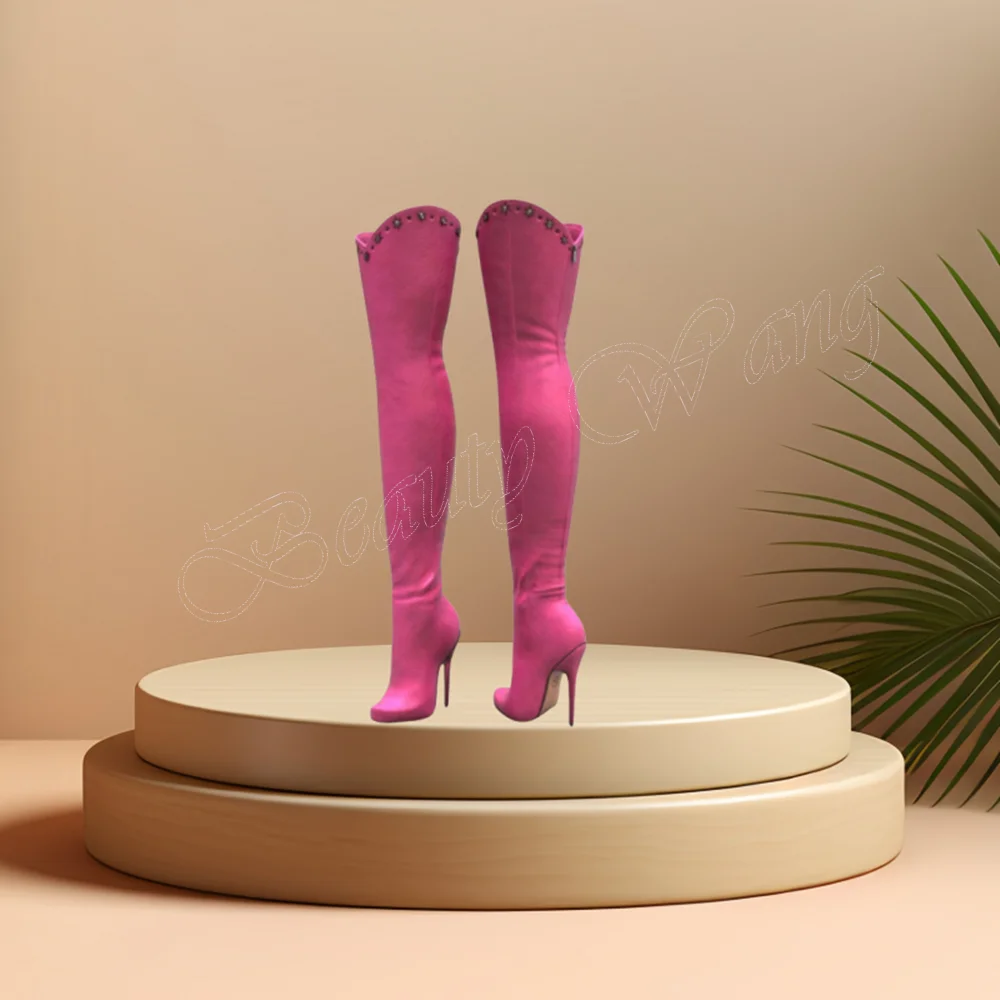 Розовые высокие сапоги до бедра с металлическим декором туфли на высоком