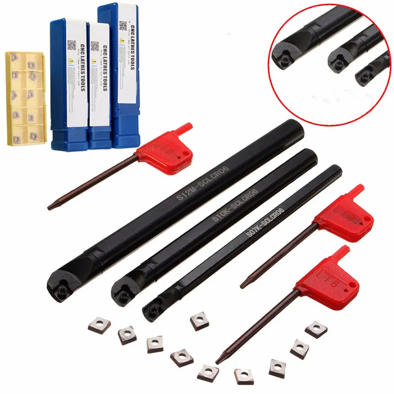 

1pcs S07K-SCLCR06+1pcs S10K-SCLCR06+1pcs S12M-SCLCR06 Lathe Holder Turning Tool Boring Bar 7/10/12mm + 10pcs CCMT0602 Inserts