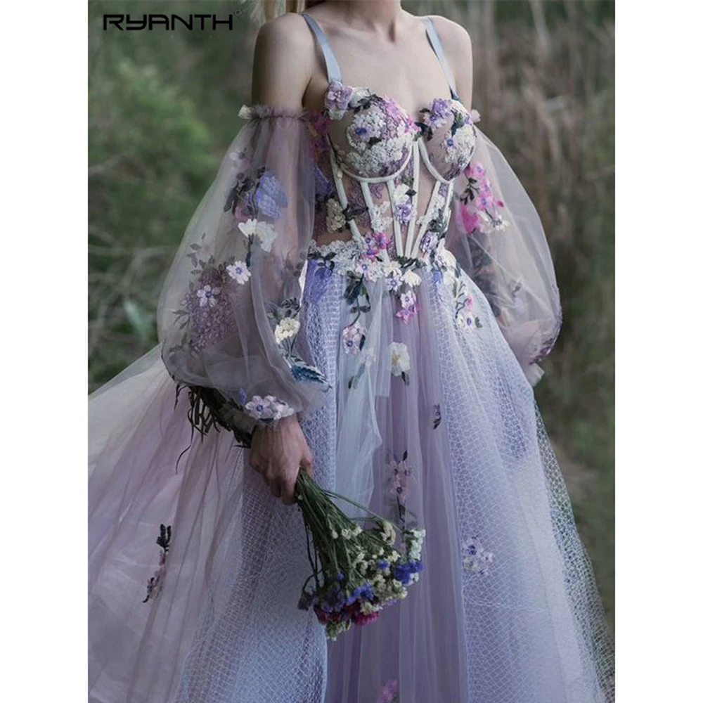 

Ryanth Dusty Lavender A Line Spaghetti Straps Off Shouder Evening Dress Appliques Floral Prom Gown Women Illusion Exposed Boning