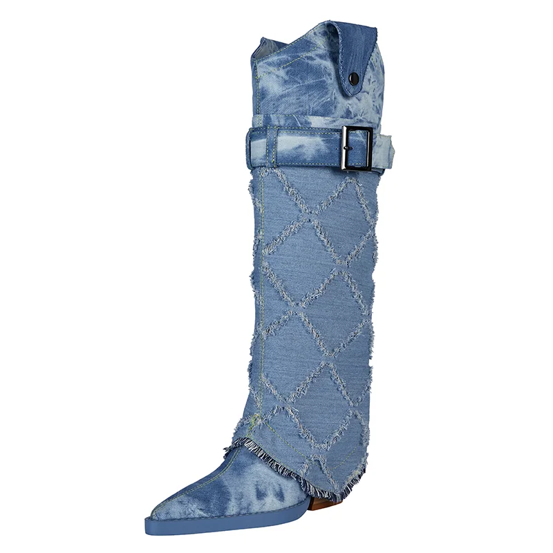 

(YYDD) Autumn Winter Elegant Comfortable Denim Metal Buckle Design Women's Boots Casual Cool Girls Party Plus Size 35-46