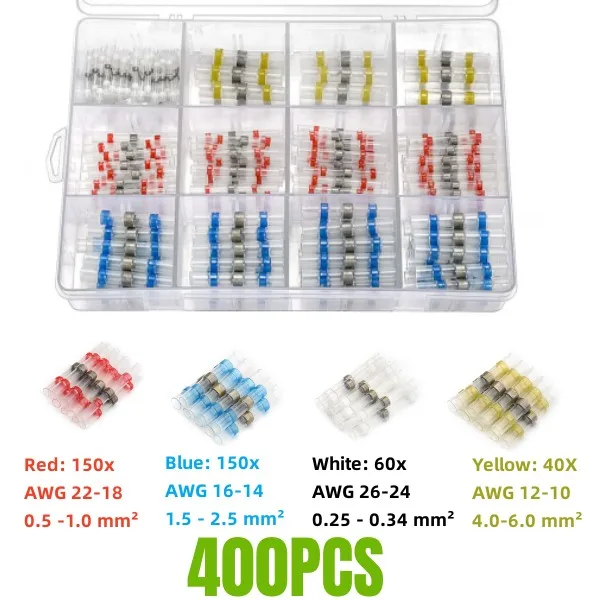 

Изолированные водонепроницаемые соединители для электрических проводов, термоусадочные паяльные втулки, паяльные стыковые клеммы, набор в ассортименте, 400 шт.