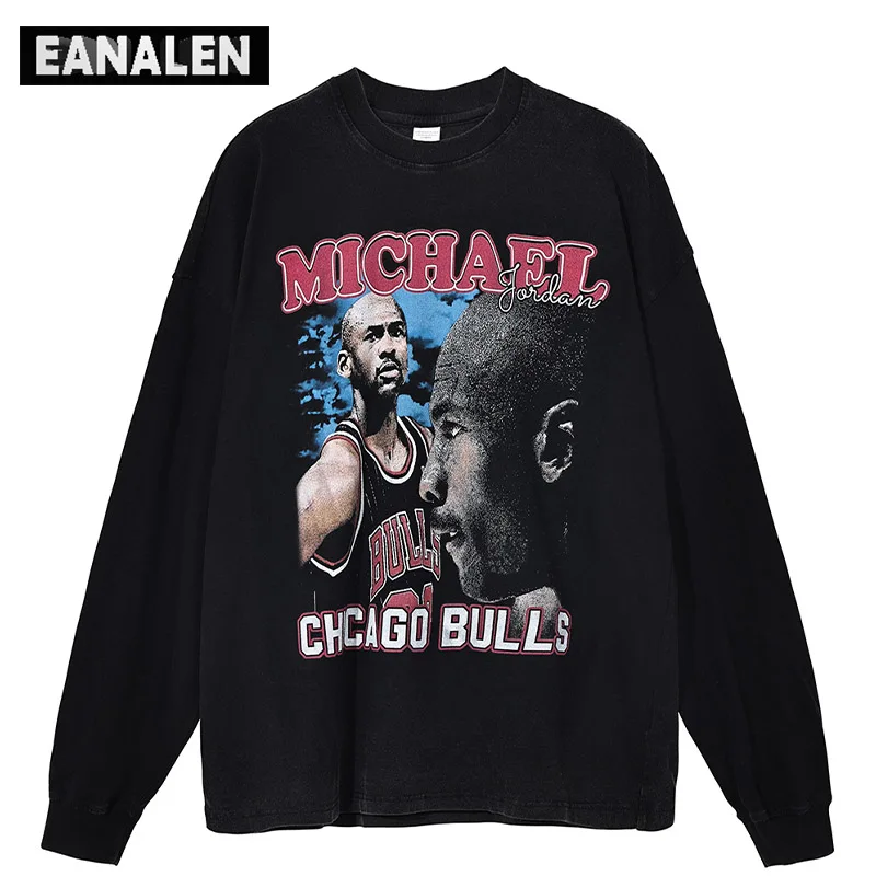 

Harajuku retro basketball graphics oversized long sleeve T-shirt men's Y2K street clothing sports casual portrait hoodie women's