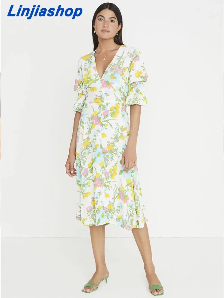 

Summer women midi dress floral print with lining sashes loose holiday v neck short sleeves party long dress