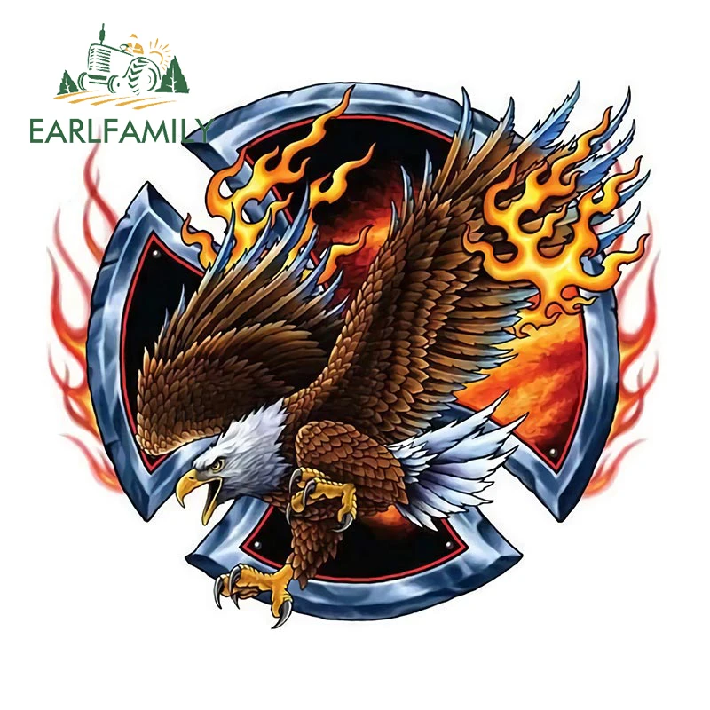 

EARLFAMILY 13 см x 11,6 см, огненный пламя, Орел, виниловые наклейки для автомобиля, стены, велосипеда, мотоцикла, автомобильные наклейки, водонепроницаемые автомобильные аксессуары