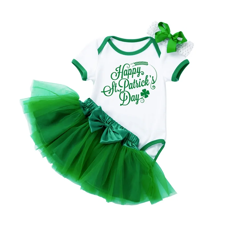 

Baby Girl St Patricks Day Outfit White Short Sleeve Letter Print Romper + Green Tulle Skirt + Headband Newborn Clothing Set