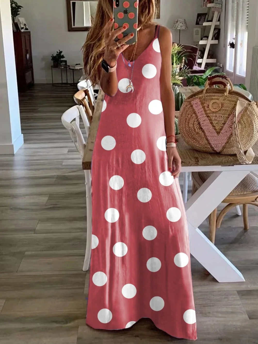 

Hot V Neck Pullover Polka Dot Print Slim Fit Suspender Dress Women Mid Length 2022 Summer New Bohemian Fashion Casual Dresses