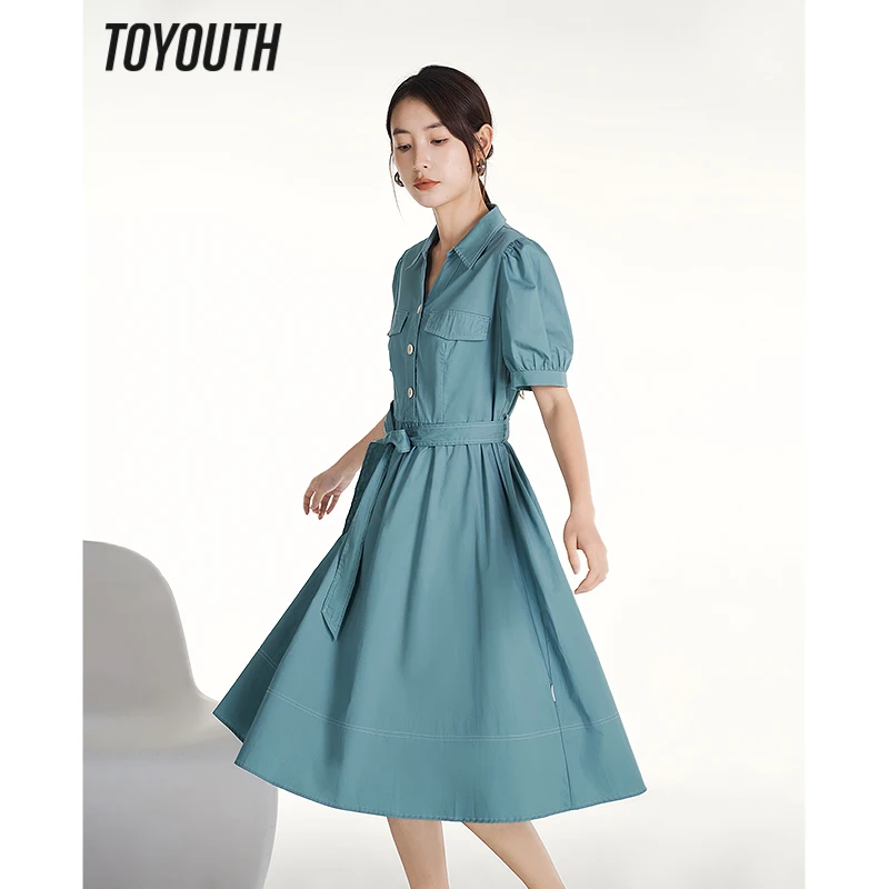 Toyouth Women Dress 2023 Summer Puff Sleeves Polo Neck A-shape Slim Waist Pure Cotton Temperament Commuting Elegant Skirt