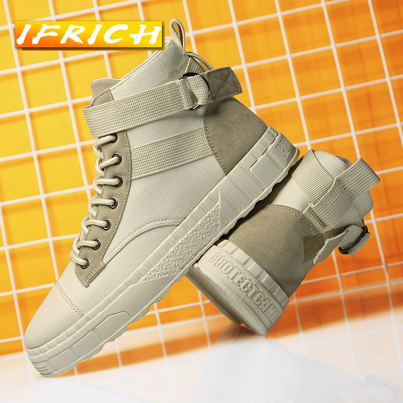 

2022 Popular Combat Boots For Male Brand Fashion Canvas Army Boots Men Beige Black Cowboy Boots Mens Wearable Casual Men Shoes