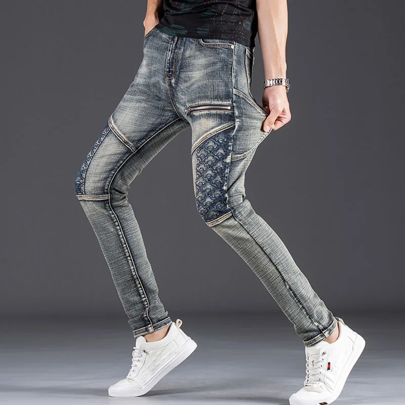 Retro Biker Jeans Men High Street Slim-fit Denim Pants Luxury Men's Clothing Spring/Autumn Streetwear Trousers Trend Men