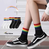 rainbow stripe womens socks cute ankle socks korean trend pure cotton socks for girls summer autumn thin medium tube woman sock