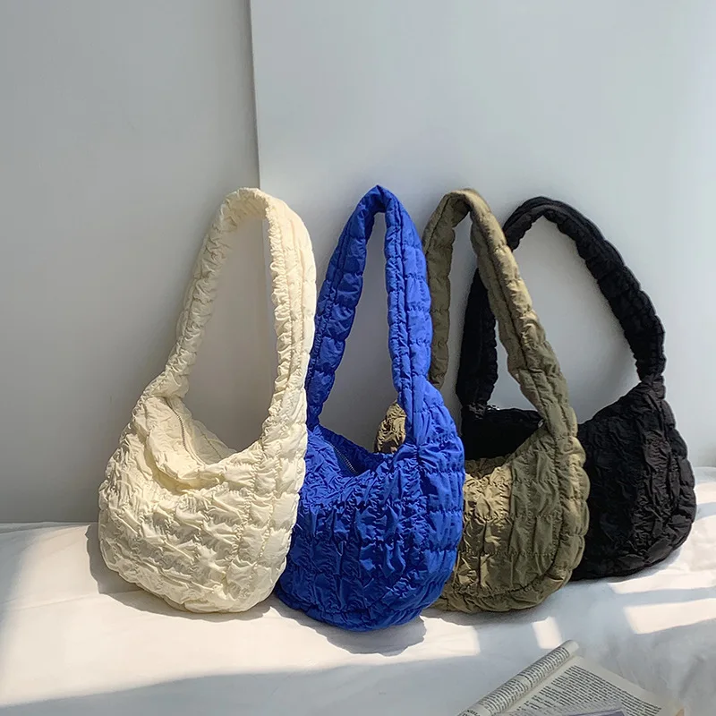 

Casual Ruched Quilted Women Shoulder Bags Designer Hobos Nylon Lady Handbags Luxury Small Tote Simple Shopper Purses Female Sac