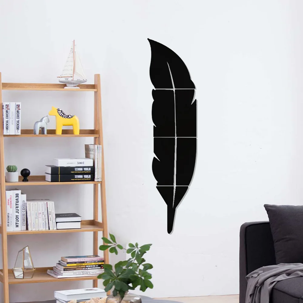 Large 3D Mirror Wall Sticker Feather Plume Vinyl Decal DIY Acrylic Sticker Mural Wallpaper for Living Room Art Home Decor images - 6