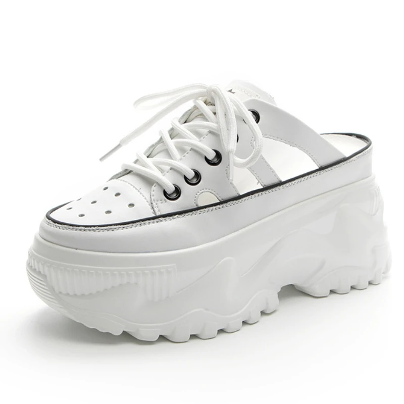 

8.5cm Genuine Leather Women Summer Shoes Platform Slippers Wedge Sandals Rhinestone Hollow Female Slip on Shoes White