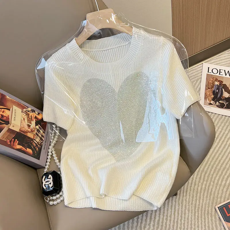 

2022 Spring And Summer New Thick Knit Love Short Sleeve Knit Top Women's White T-shirt