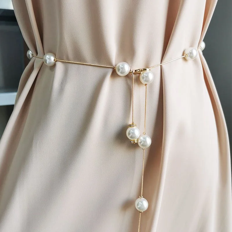 

Elegant Pearl Women's Belt Simple Adjustable Metal Thin Chain Belt For Ladies Dress Skinny Waistband Decorative Jewelry Gifts