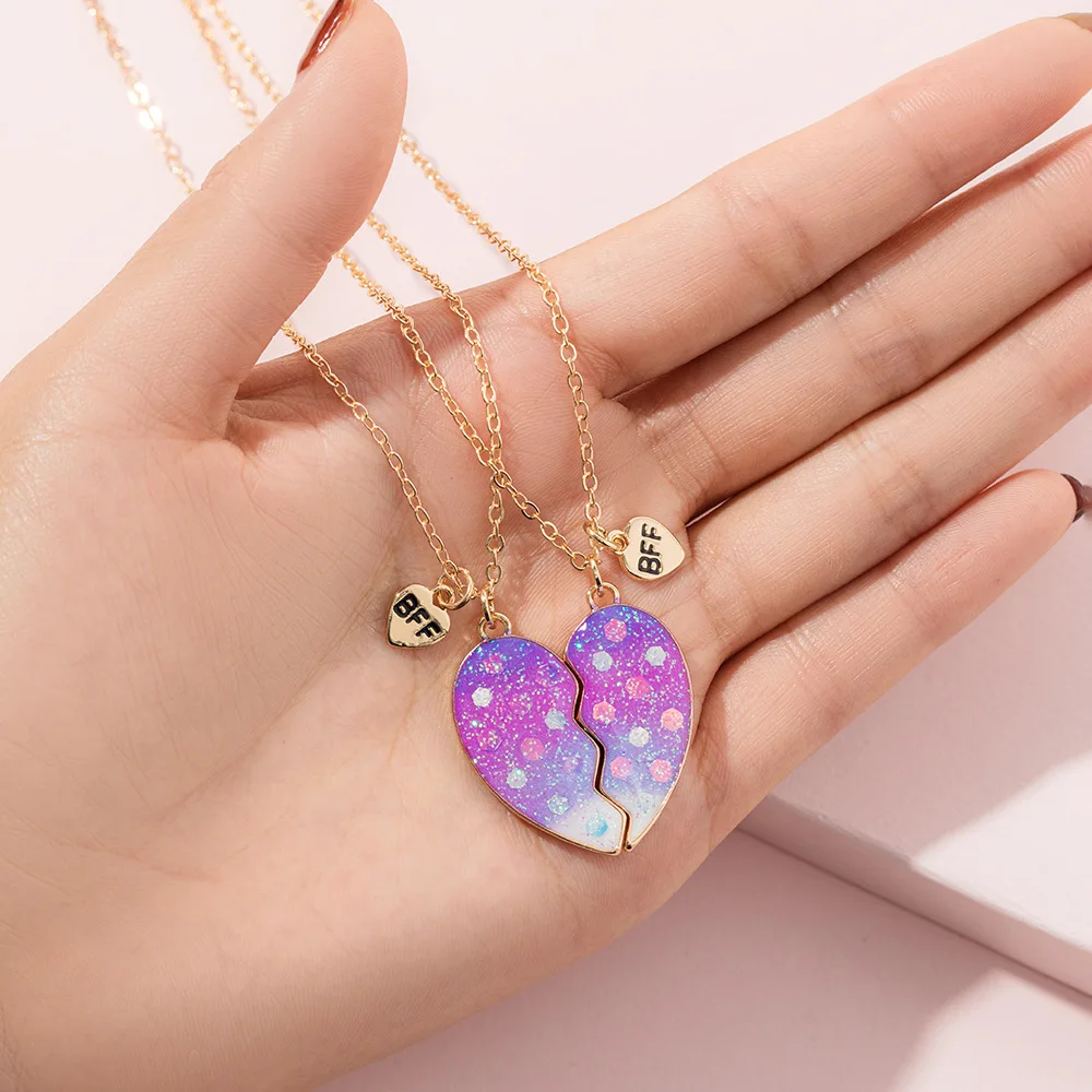 Heart-shaped Scallion powder Sequin Pendant Best Friend Chain Lovely BFF Friendship Necklace for Friend Girl 2 Pcs/Set