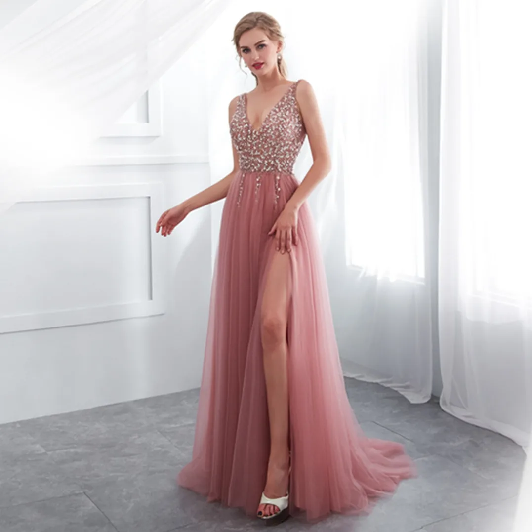 Sale Pink Embroidered Sequins Sexy Sleeveless Deep V Maxi High Slit Evening Wedding Cami Dresses For Women Party Guest Dress