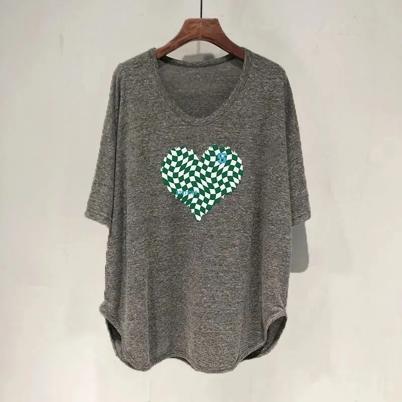 DAYIFUN U-neck Plus Size T-shirts Women Love Print Short-sleeved Loose Tees Tops Lady 2023 Summer New Casual Mid-length Tshirts