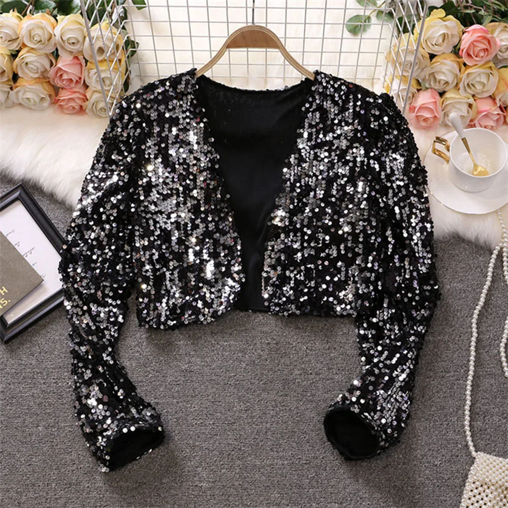 

Sexy Women Sequin Cardigan Jacket Coat Long Sleeve Short Cropped Bolero Shrug Clubwear Vintage Party Costumes